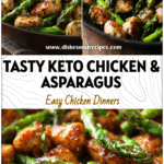 Skillet with keto garlic butter chicken bites and asparagus for a quick health dinner idea